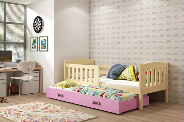 Cubus 2 Kinderbett 200x90 cm mit 2 Matratzen,Kiefer/Rosa