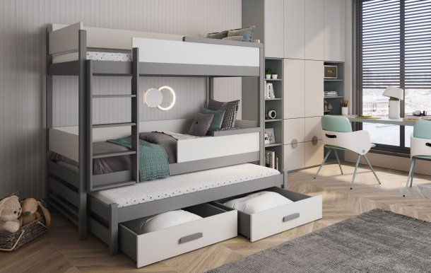 QUATRO Трехместная двухъярусная кровать с матрасами Acryl grey/white