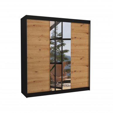 SW-SAN- BA 200 cm Schwebetürenschrank mit Spiegel,Schwarz matt,Eiche Artisan