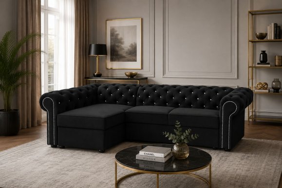 VAL/ XL z.f.sp pr.bok Chesterfield (stikla pogas) Stūra dīvāns