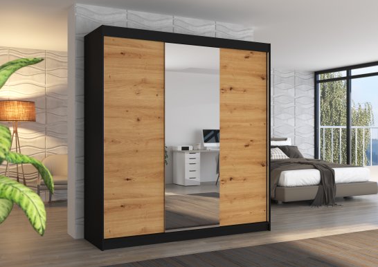 SW-SAN- BA 200 cm Skapis ar bīdāmām durvīm un spoguli,Melns,Ozols Artisan