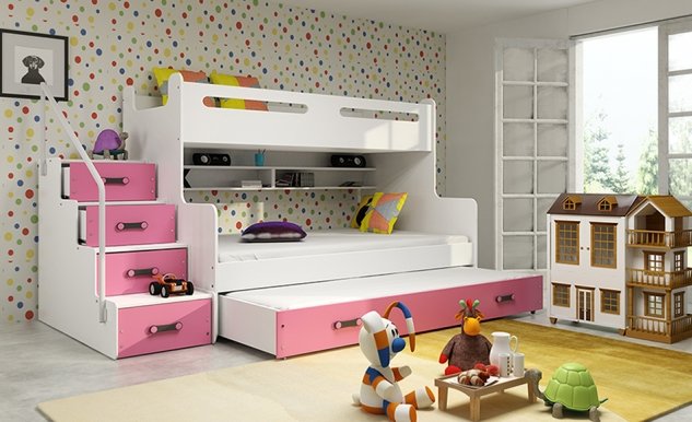 Двухъярусная трехместная кровать с матрасами M2019012000081 белая/розовый